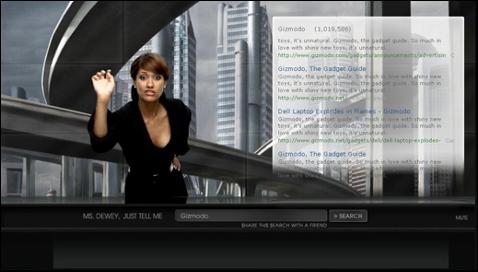 Woman tapping on screen with futuristic background and scrolling search results beside her.Picture